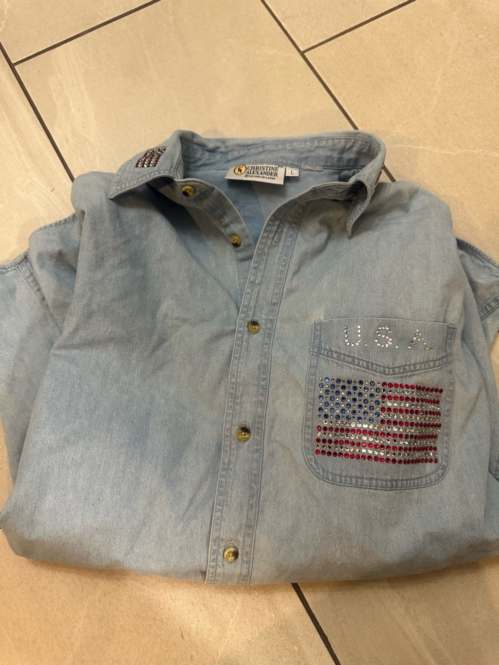 Vintage Christine Alexander Denim shirt L rhinestone American flag western butto